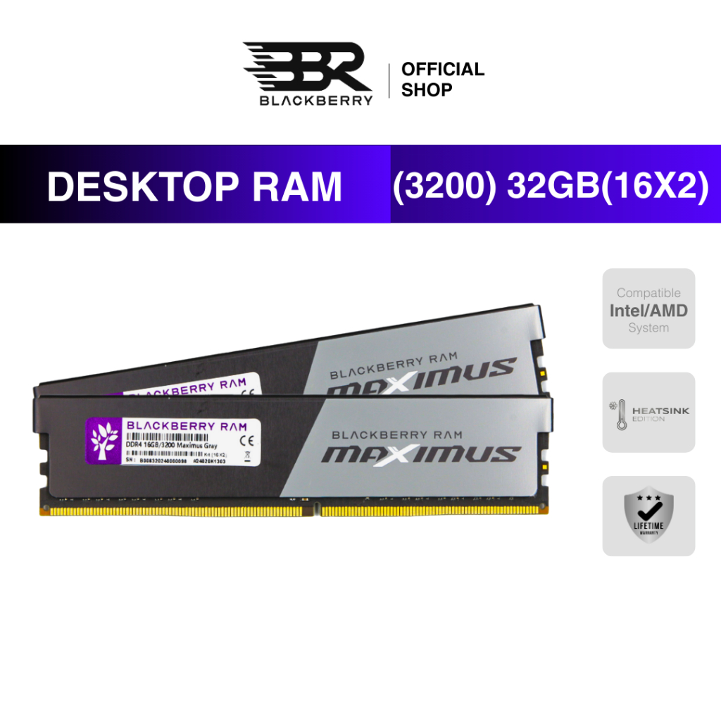 RAM PC DDR4 32GB (16GBx2) 3200MHz Blackberry (BBR) MAXIMUS GRAY รองรับ Intel/AMD ประกัน Lifetime