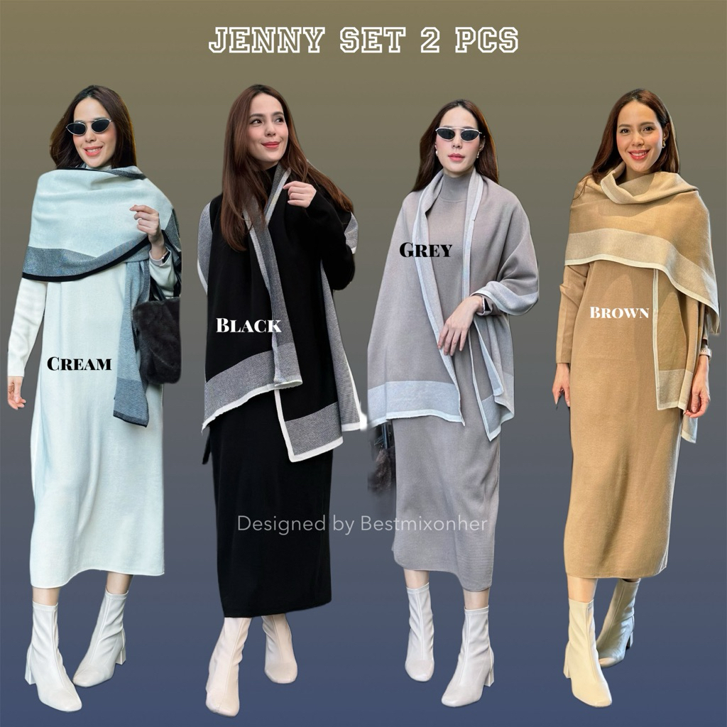 Jenny Set เดรสไหมพรม+ผ้าคลุมไหล่