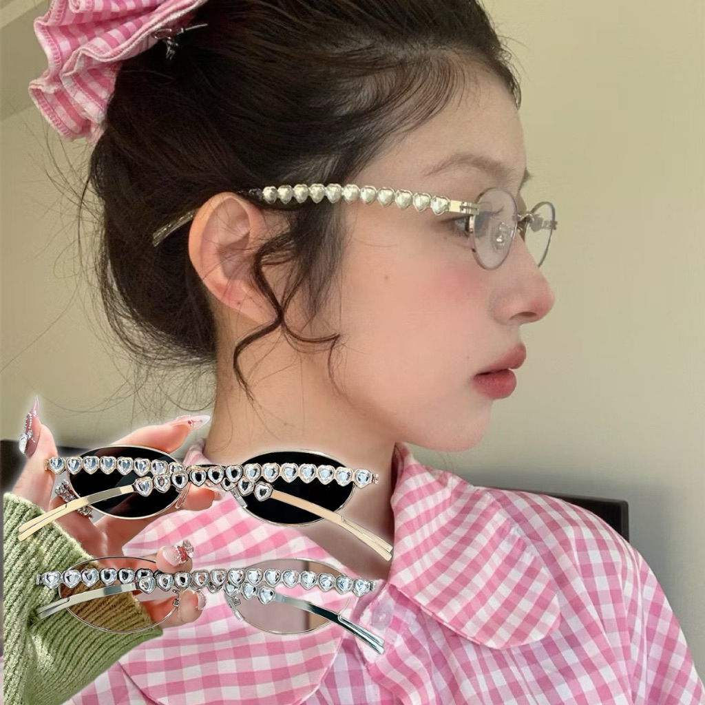 💗พร้อมส่งจากไทย💗CC-22แว่นกรองแสงสีฟ้าทรงไข่ ขาแว่นแต่งเพรชรูปหัวใจแบบติดแกรม แว่นป้องกันแสงuv