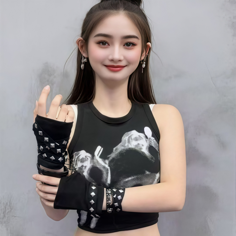 ถุงมือผ้าครึ่งนิ้วโลลิต้าคอสเพสย์สไตล์พลั้ง Y-2แฟชั่นมีสายรัด