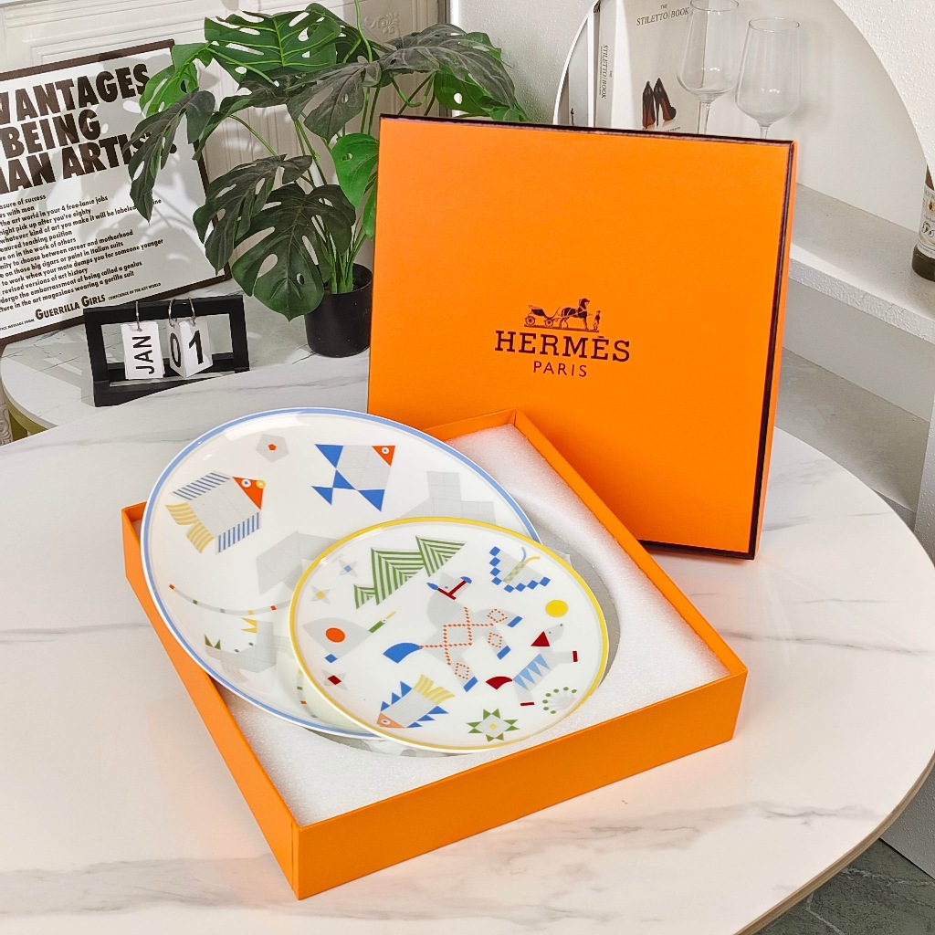 Hermes Stone Seal Decoration Series High Bone Porcelain Western Cuisine Plate Set of 8 inches+10 inc