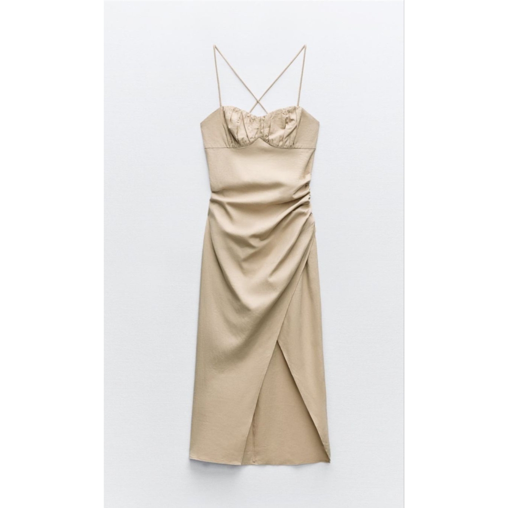 Zara Linen Blend Dress เดรสยาว สายเดี่ยวไขว้หลัง ผ้าลินินผสม XS-XL