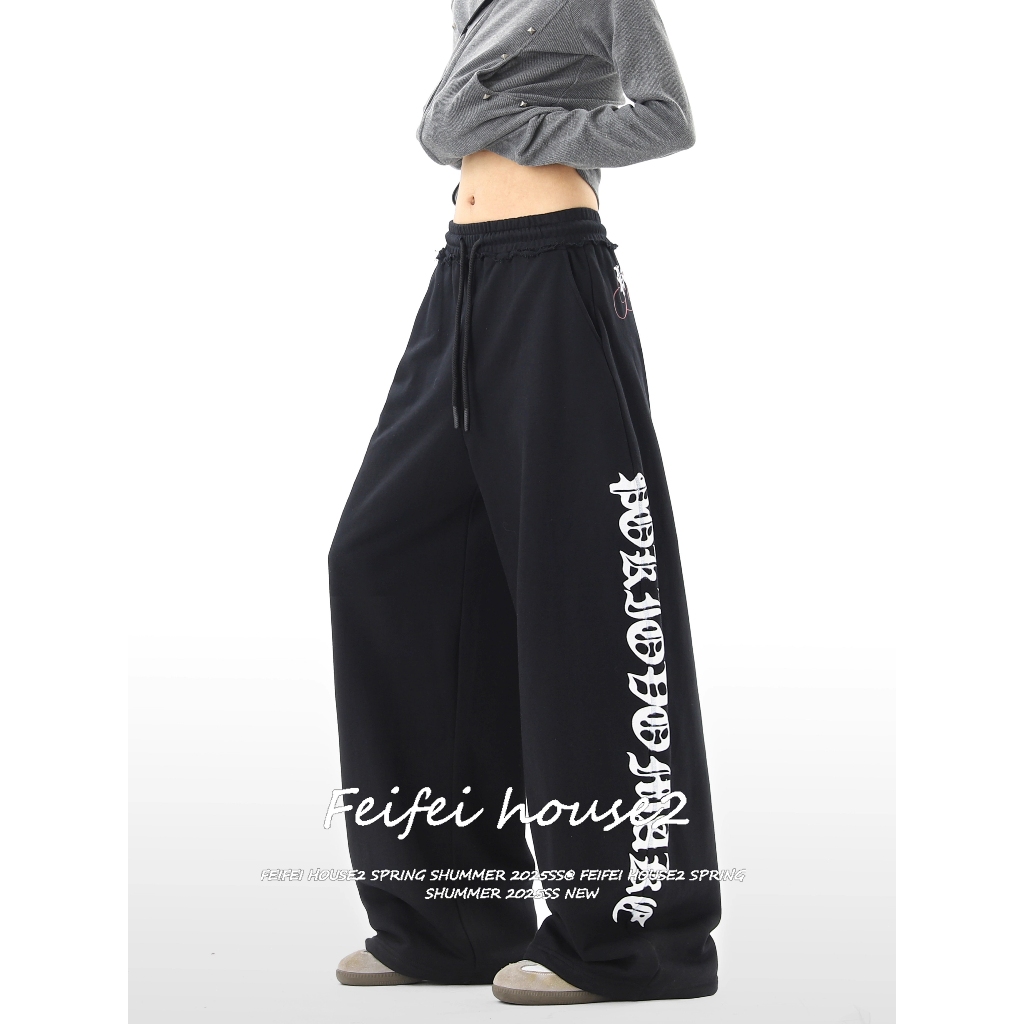 [American street print wide-leg pants]กางเกงขากว้างพิมพ์ลายตัวอักษรสไตล์สตรีทย้อนยุคสำหรับผู้หญิง