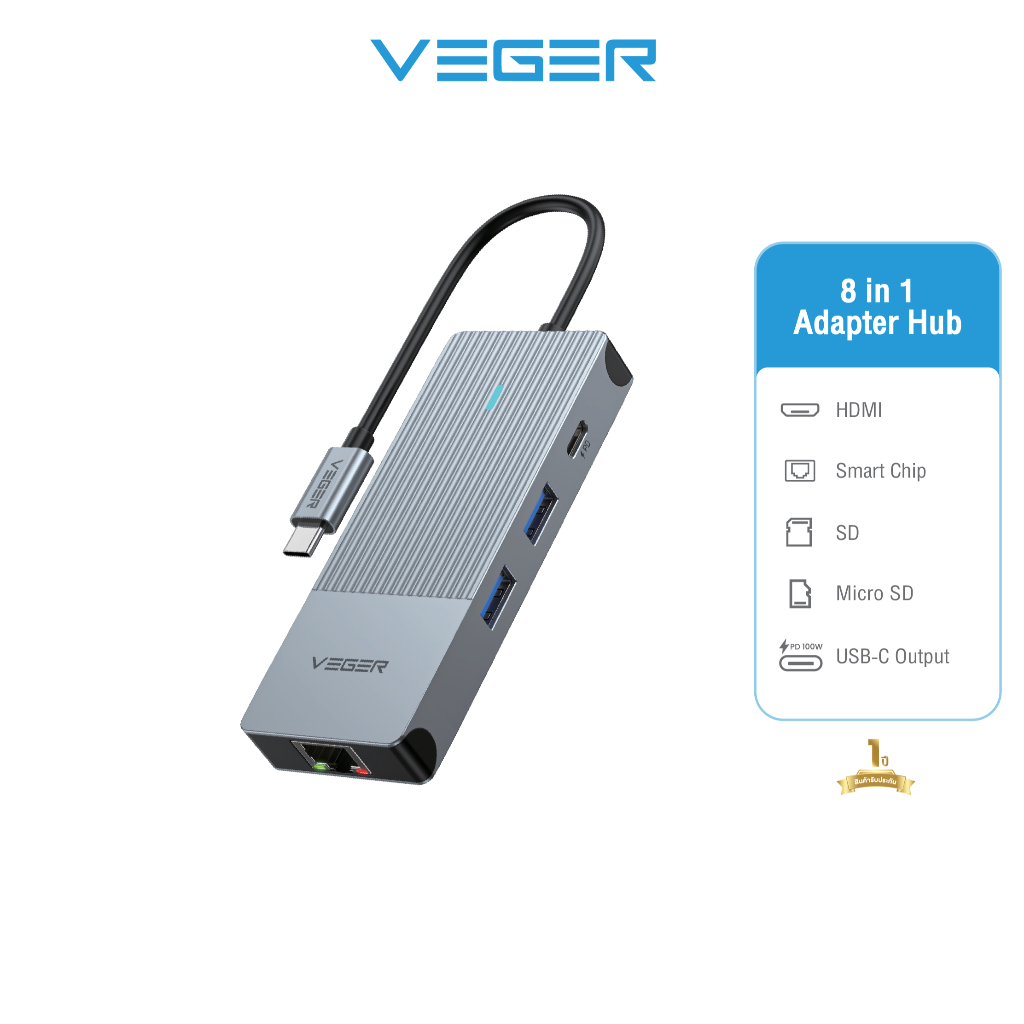 VEGER VH-H03 USB-C 8in1 USB-C Multiport Adapter รองรับความละเอียดสูงสุด 4K@60Hz  เป็น HDMI/VGA/RJ45/