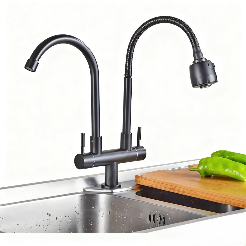 สีดำก๊อกน้ำ ก๊อกน้ำอ่างล้างจาน2ทางออก ก๊อกน้ำ2หัวสแตนเลส 304 หมุนได้ 360 องศาSLT