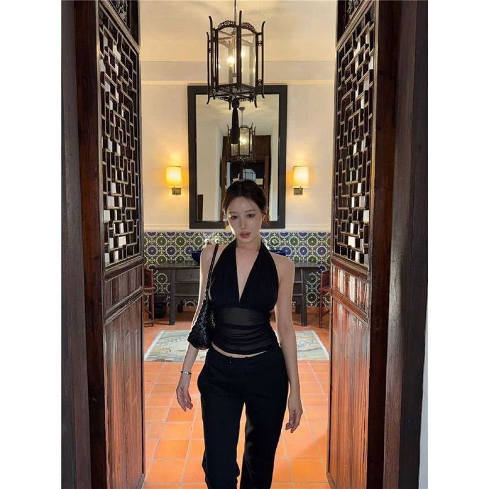 SuperCandy🌷เสื้อครอป คล้องคอ  โชว์หลัง สีพื้น ผู้หญิง  ปาดไหล่ข้างหนึ่ง เซ็กซี่  สีพื้น - รูปที่ 6