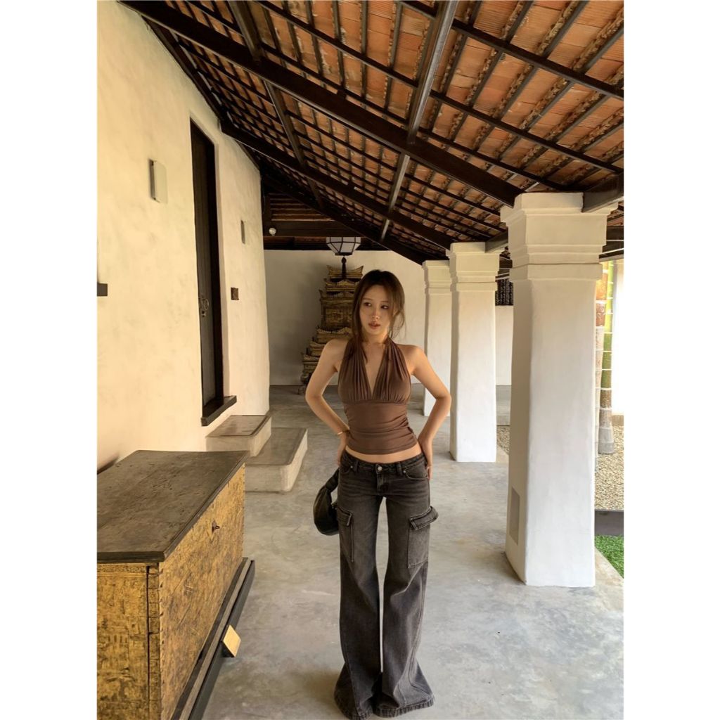 SuperCandy🌷เสื้อครอป คล้องคอ  โชว์หลัง สีพื้น ผู้หญิง  ปาดไหล่ข้างหนึ่ง เซ็กซี่  สีพื้น - รูปที่ 5