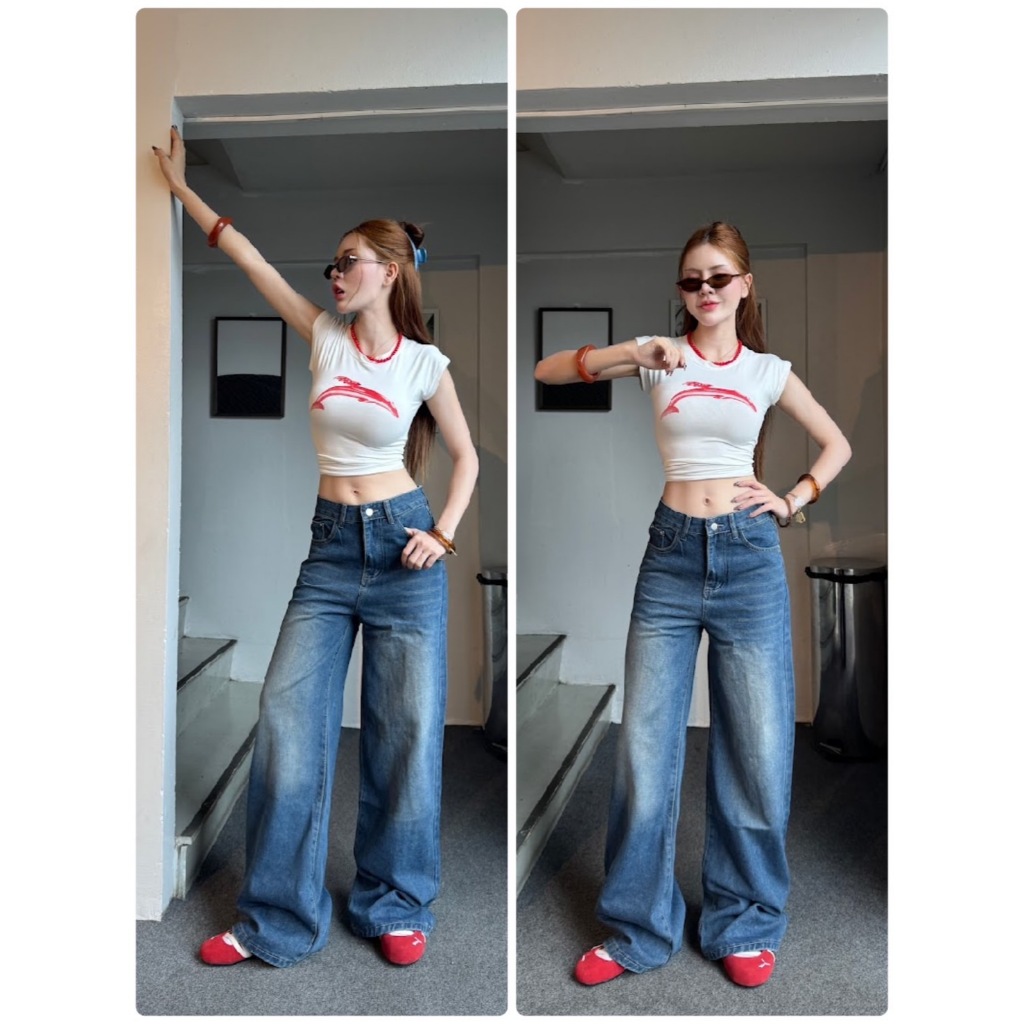 V3439 กางเกงยีนส์ กระบอกใหญ่เอวสูง Baggy Jeans ผ้ายีนส์ ไม่ยืด