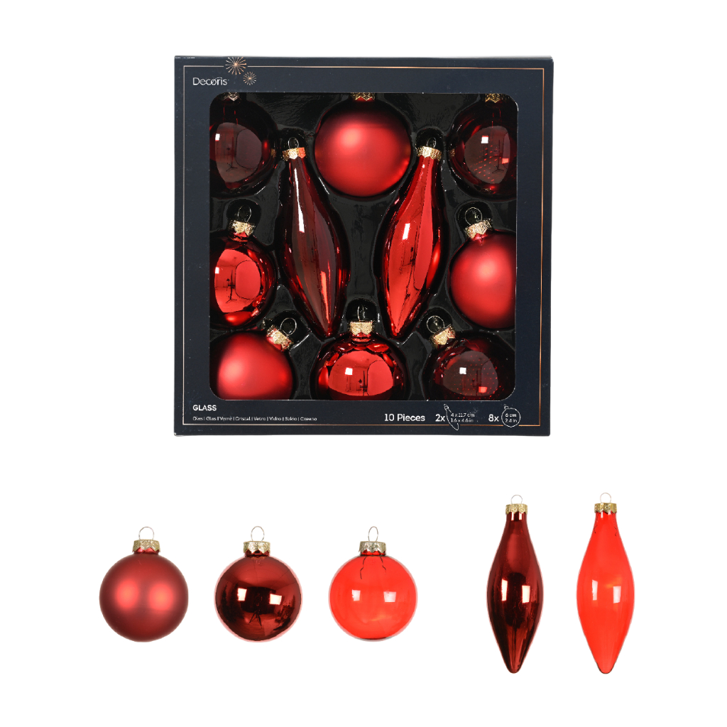 เซ็ตลูกบอลคริสต์มาส 10 ลูก/กล่อง Christmas Red - Christmas Bauble Glass Set | คละแบบ