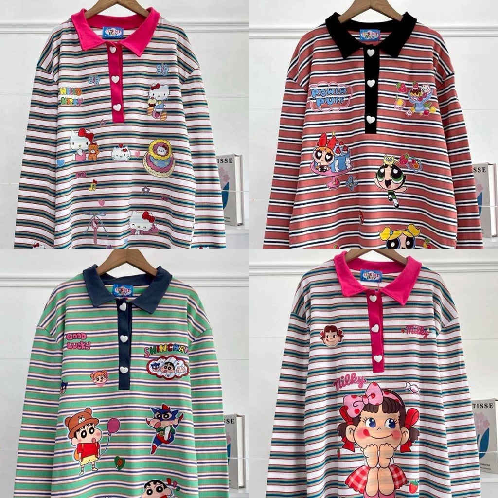 SIS.ON | พร้อมส่ง IMD เสื้อยืดแขนยาว คอปก ผ้าลายริ้ว OVERSIZE รวมลายการ์ตูน