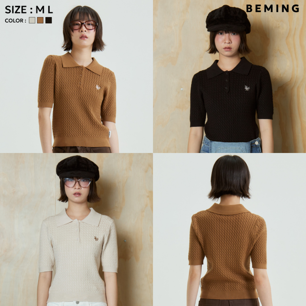 Bemingtop1021(M-L)-BMG Ivy Polo Knit – เสื้อโปโลลายเปีย ปกใหญ่คม ลุคเรียบหรูแบบ Ivy girl
