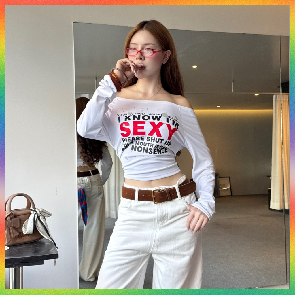 🌈MesubShop🌈เสื้อปาดไหล่แขนยาว พร้อมส่ง สกรีนลายแน่นๆ ปาดไหล่แขนยาว ผ้าร่องยืด สาวอวบใส่ได้ รุ่น ไวกิ้ง SEXY