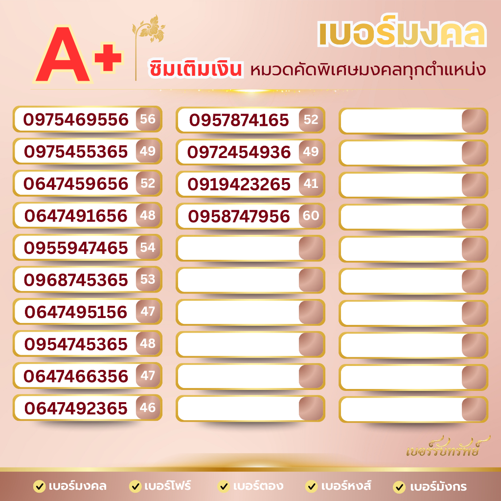 เบอร์มงคลคัดพิเศษ (ชุดที่4) เกรดA+ ระบบเติมเงิน เบอร์รับทรัพย์ เบอร์รับโชค ราคา ถูกที่สุด ดีลบีเคเค แกลเลอรีภาพที่ 2