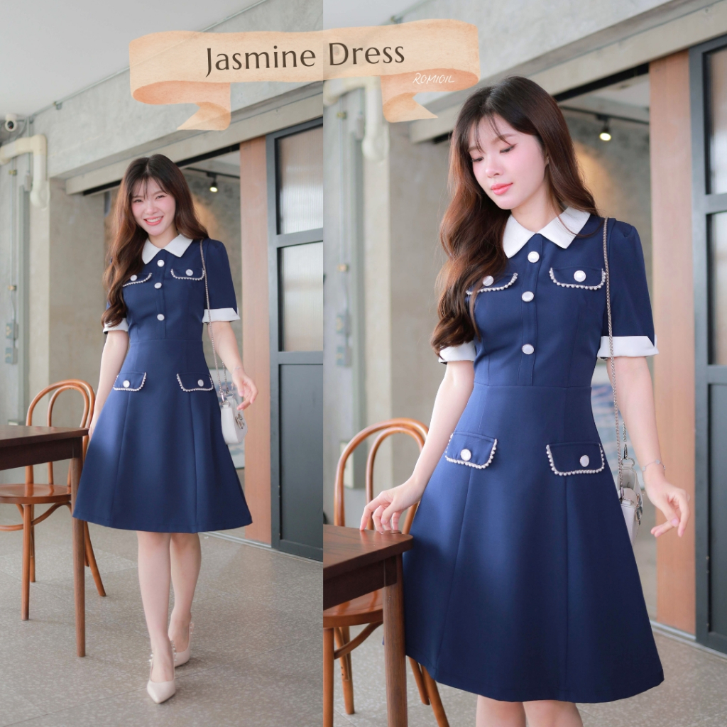 "Romi"Oil" Jasmine Dress (Navy) K306 ชุดเดรสสีกรม (คอปกสีขาวแต่งกระดุม)