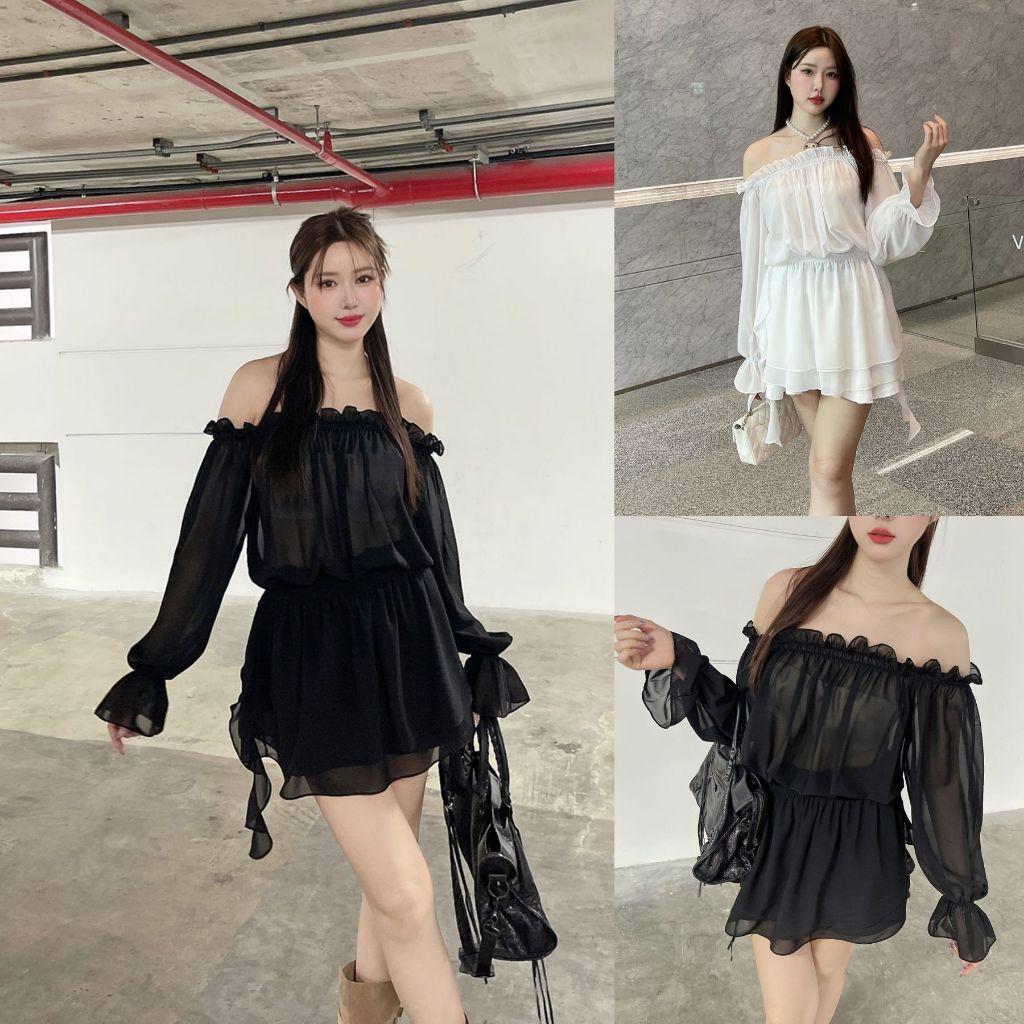 ส่งด่วน 🚨 SLYQ MADE💗 AMELIA CHIFFON OFF SHOULDER TUNIC เสื้อตัวยาว/เดรสสั้นปาดไหล่แขนยาวผ้าชีฟองจั๊ม
