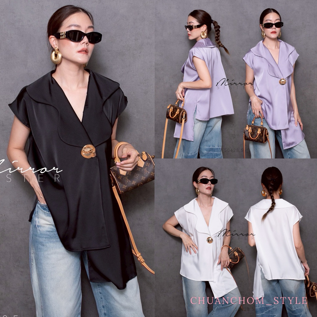 🔖Mirrorsister 50428.5 เสื้อตัวเก๋ คอปกแต่งCurveหยัก ทรงเก๋ใส่ง่าย ใส่ได้บ่อย ด้านข้างชายยาวเลยลงมา ม