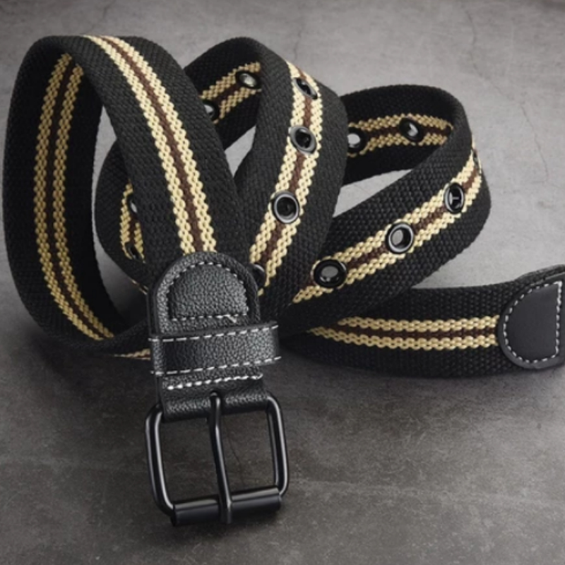 แฟชั่น ความเรียบง่าย สันทนาการ ร้อยชุด ผู้ชาย ผ้าใบ แถบ สีดำ รูเข็ม เข็มขัด - รูปที่ 2