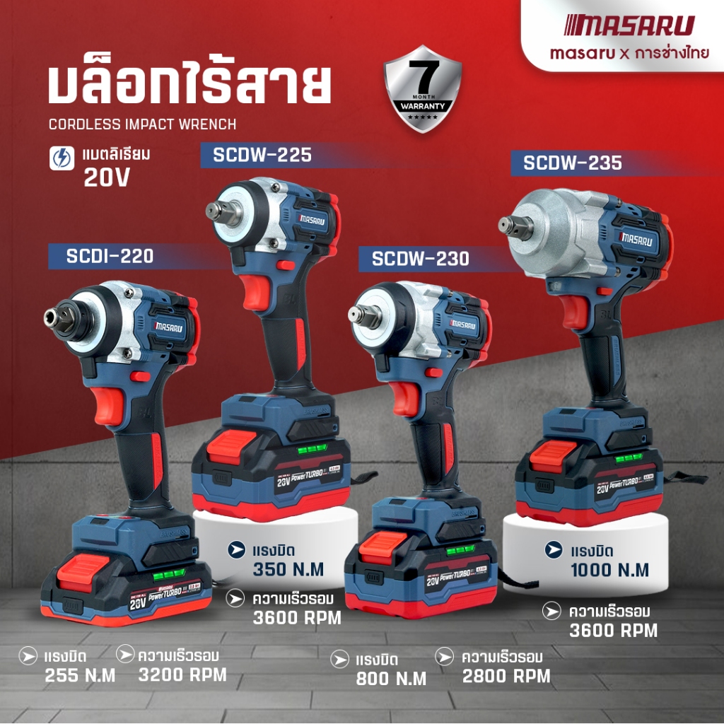 SCDI-220 SCDW-225/230/235 บล็อกไฟฟ้า ไขควงกระแทกไร้สาย MASARU บล็อคไฟฟ้าไร้สาย มอเตอร์บลัสเลท