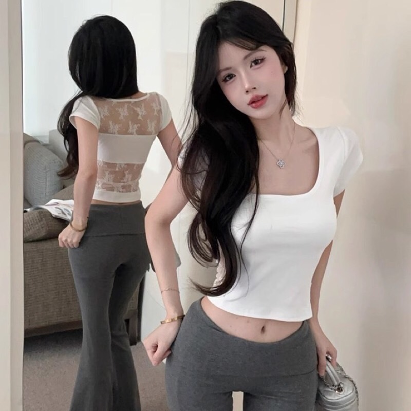 เสื้อยืดแขนสั้นรัดรูปหลังซีทรู  ดีเทลลูกไม้ พร้อมส่งจากในไทย มีฟองน้ำ ใส่สวยเซ็กซี่ รูปที่ 2