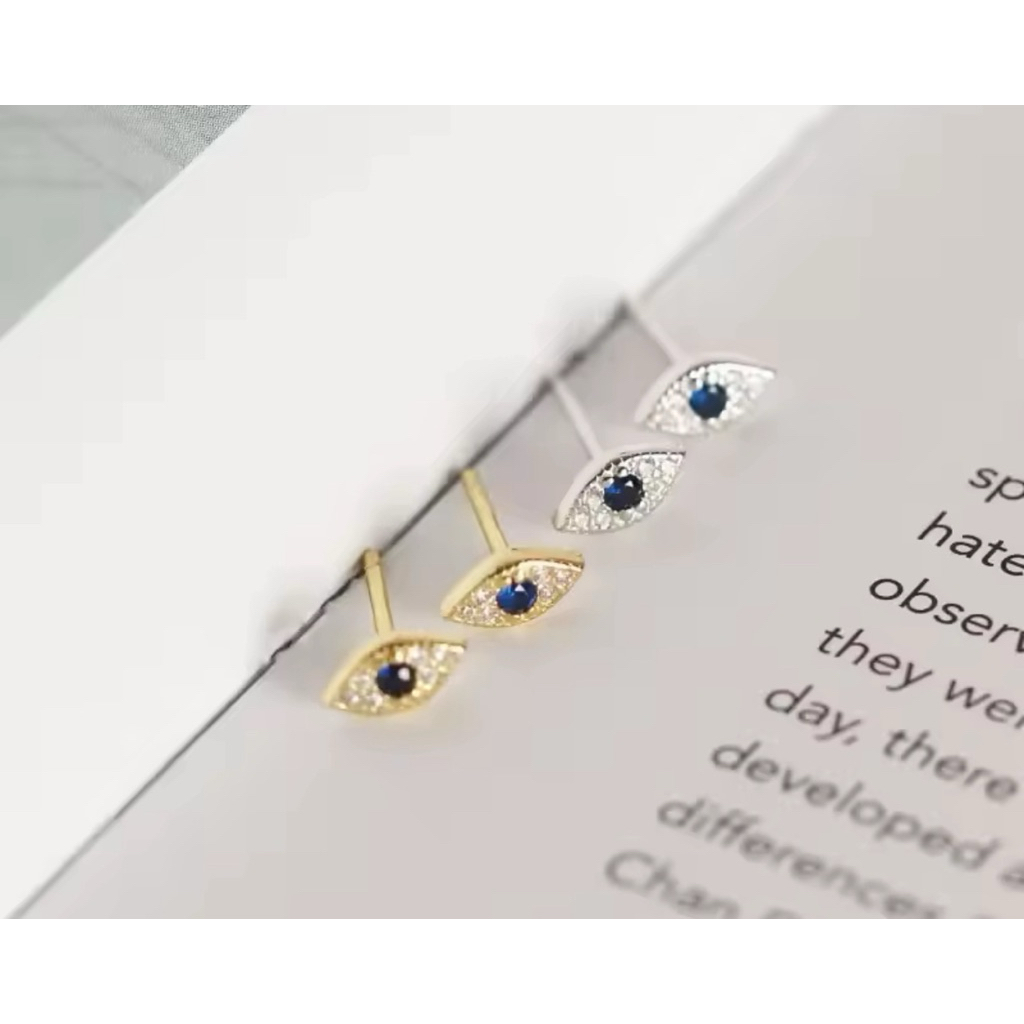 Zircon Blue Evil Eye Stud Earrings ต่างหู evil eye สินค้าจากตุรกี แถมแป้นยาง
