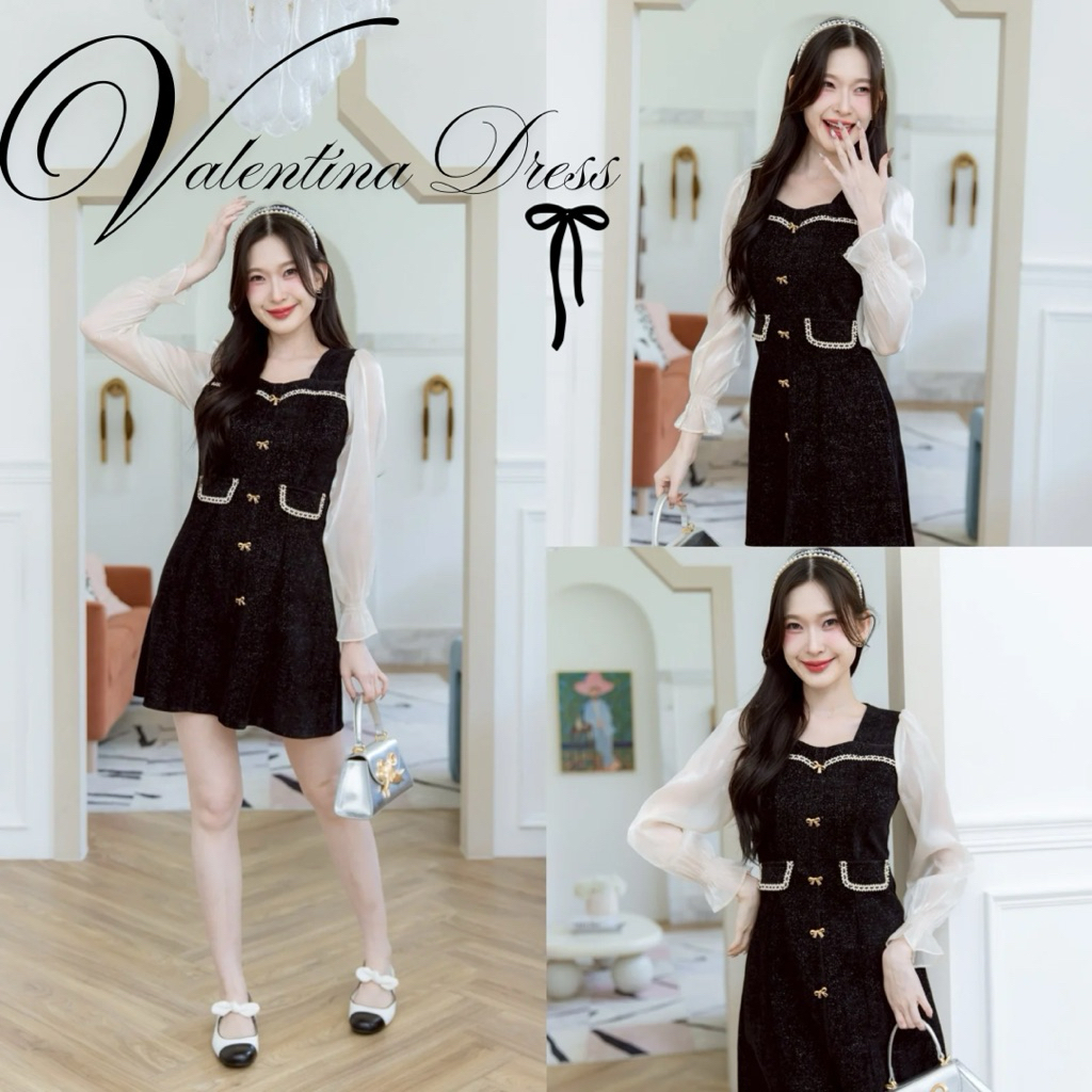 VALENTINA BLACK DRESS   (TYL107) เดรสสีดำ ผ้ากำมะหยี่ ทรงสวย