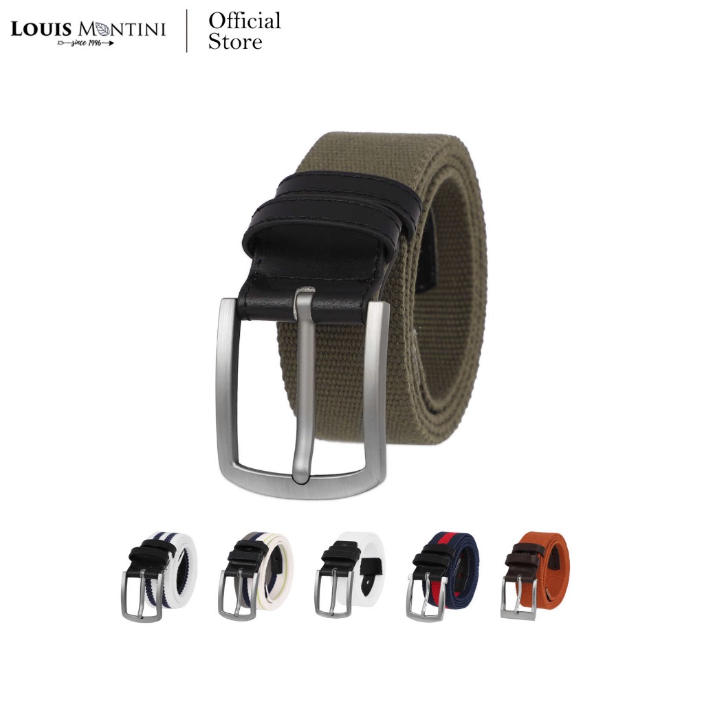 Louis Montini เข็มขัดผ้า แคนวาสผสมหนังแท้ เข็มขัดผู้ชาย เข็มขัดแฟชั่น Canvas Belt MCT11