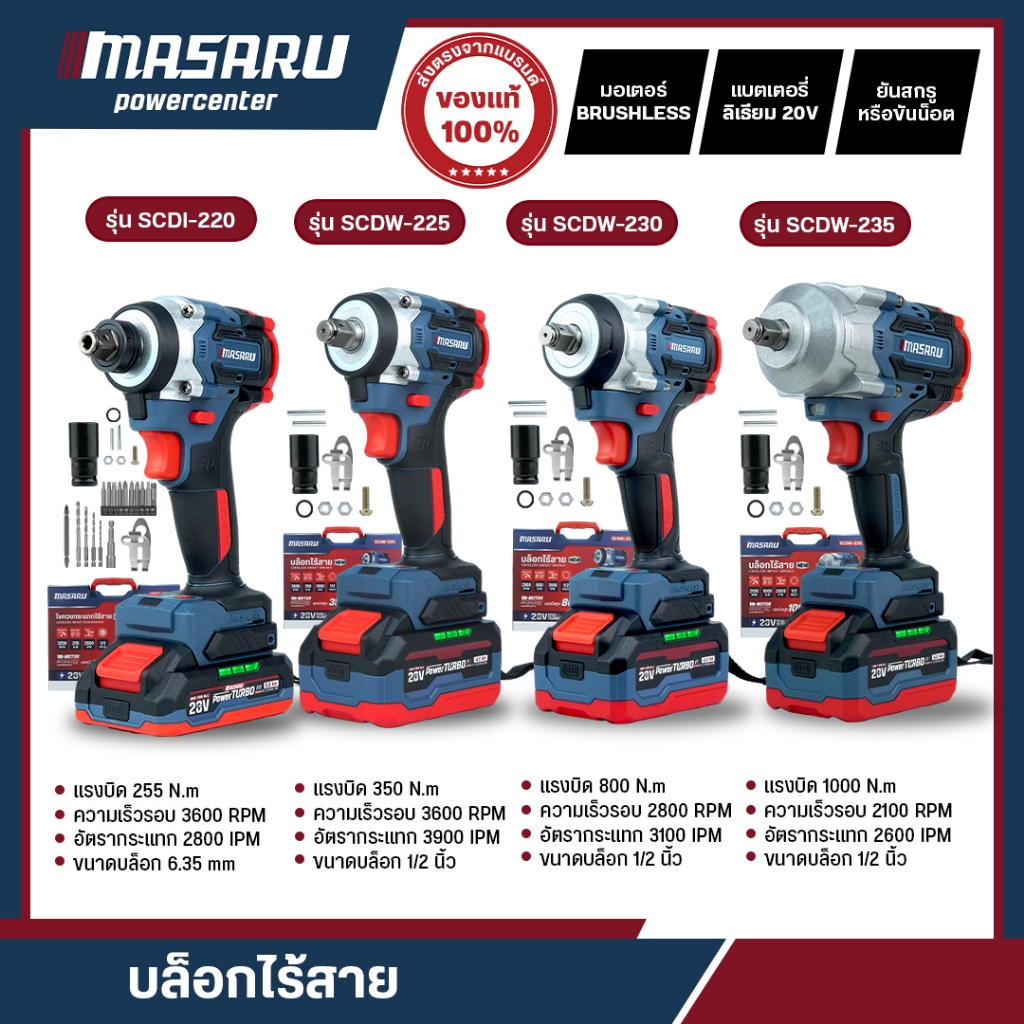 MASARU บล็อกไฟฟ้า ไขควงกระแทกไร้สาย รุ่น SCDI-220 SCDW-225/230/235 บล็อคไฟฟ้าไร้สาย มอเตอร์บลัสเลท