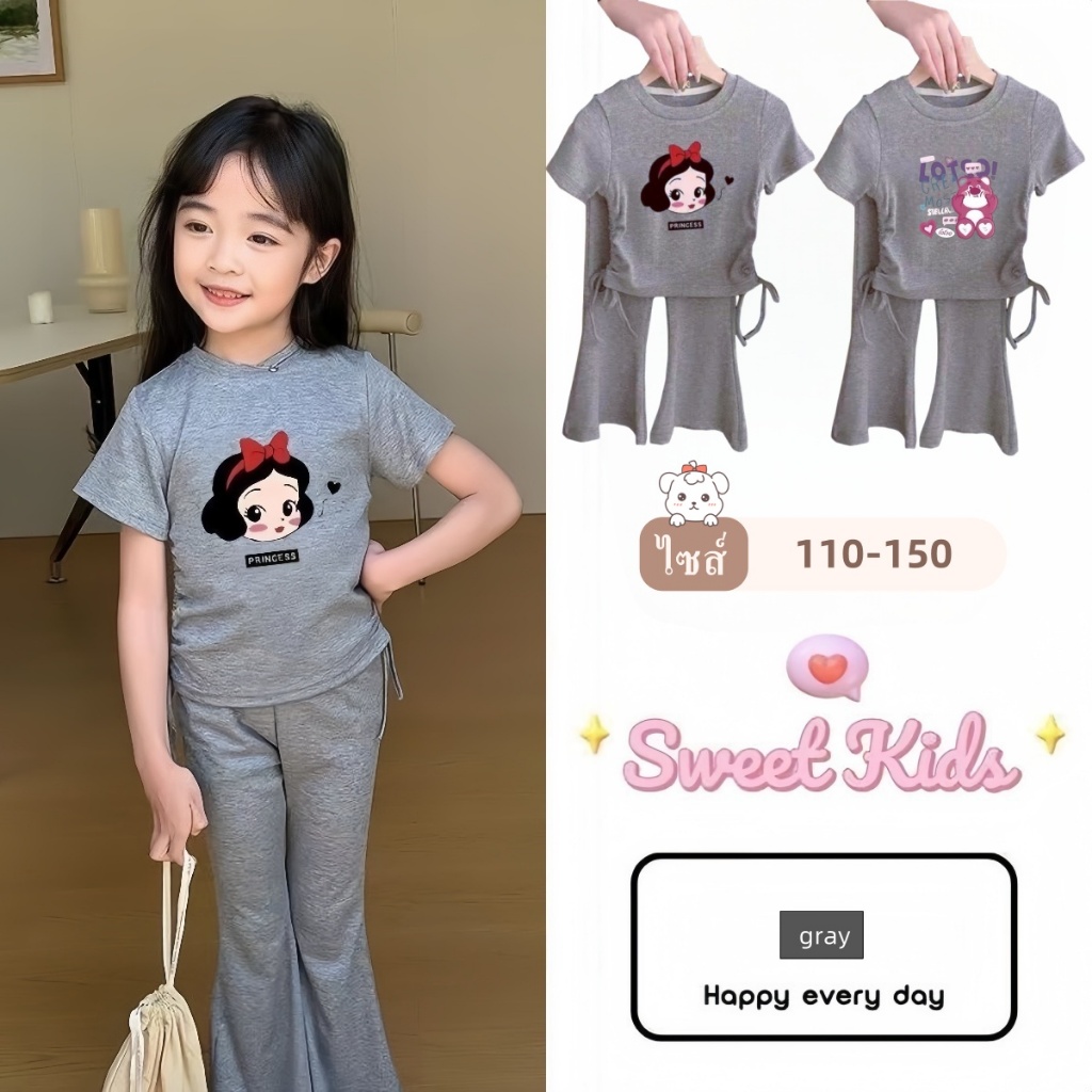 SweetKids พร้อมส่งจากกทม🌸ชุดเซ็ทเด็กผู้หญิง แฟชั่น🍓เสื้อแขนสั้นกางเกงขาม้า พิมพ์ลายน่ารัก สไตล์เกาหลี ลําลองฤดูร้อน
