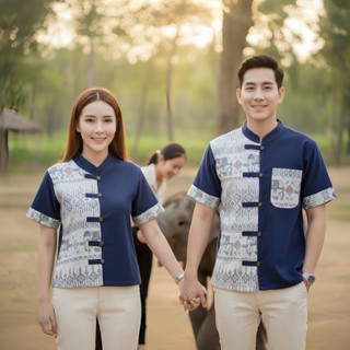 เสื้อพื้นเมืองคอจีน คู่ ชาย/หญิง มีทั้งผู้ใหญ่และเด็ก ทูโทนล…