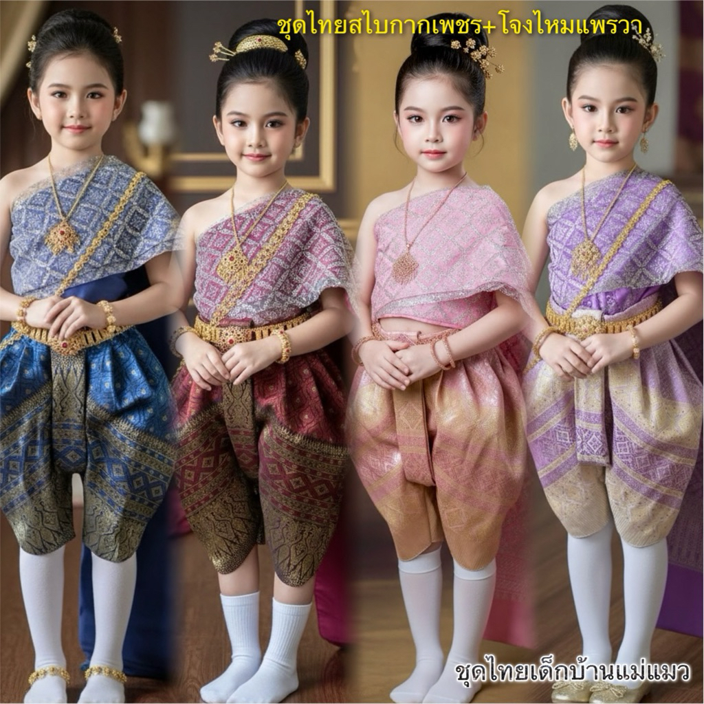 (ทั้งชุด) ชุดไทยสไบกากเพชรสำเร็จสม๊อกหลัง+โจงกระเบนผ้าไหมแพรวา