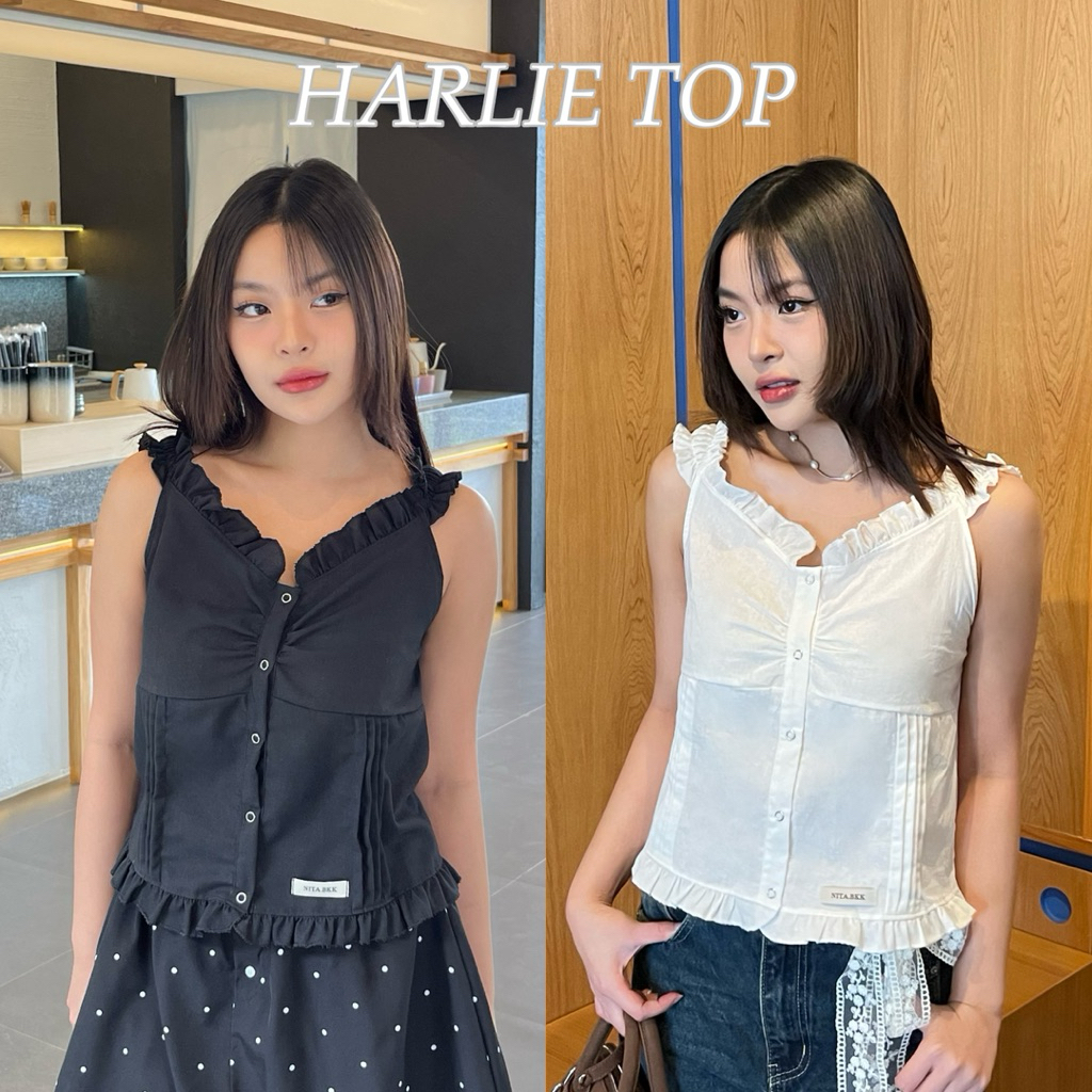 HARLIE TOP - เสื้อแขนกุดดีเทลแขนระบาย ขอบเสื้อบนและปลายเสื้อจับจีบระบาย สามารถใส่ได้2แบบ (nita.bkk)