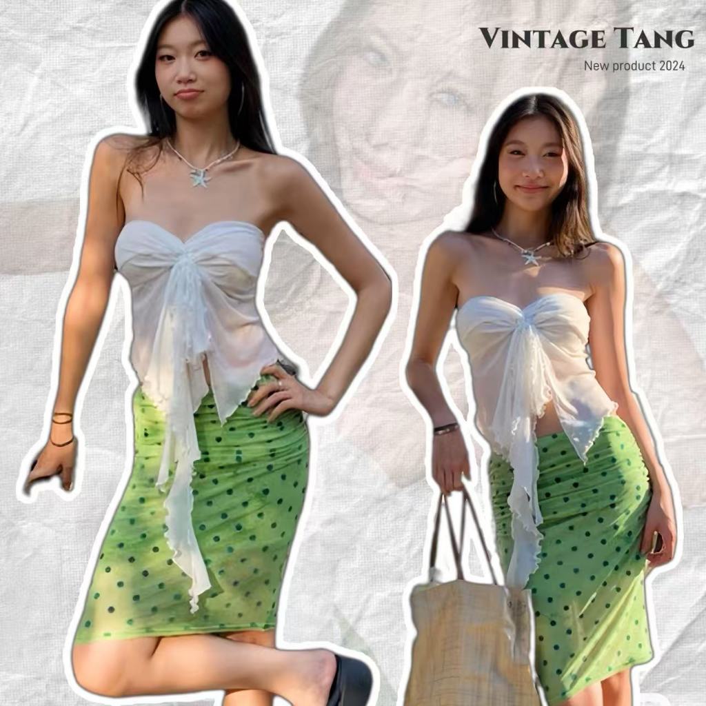 พร้อมส่ง เสื้อเกาะอก+กระโปรง ชุดสูทสองชิ้น มีความยืดหยุ่นสูง ดูผอมเพรียวและสูงขึ้น เรโทร เหมาะสำหรับถ่ายรูป สไตล์เกาหลี – โปรปัง