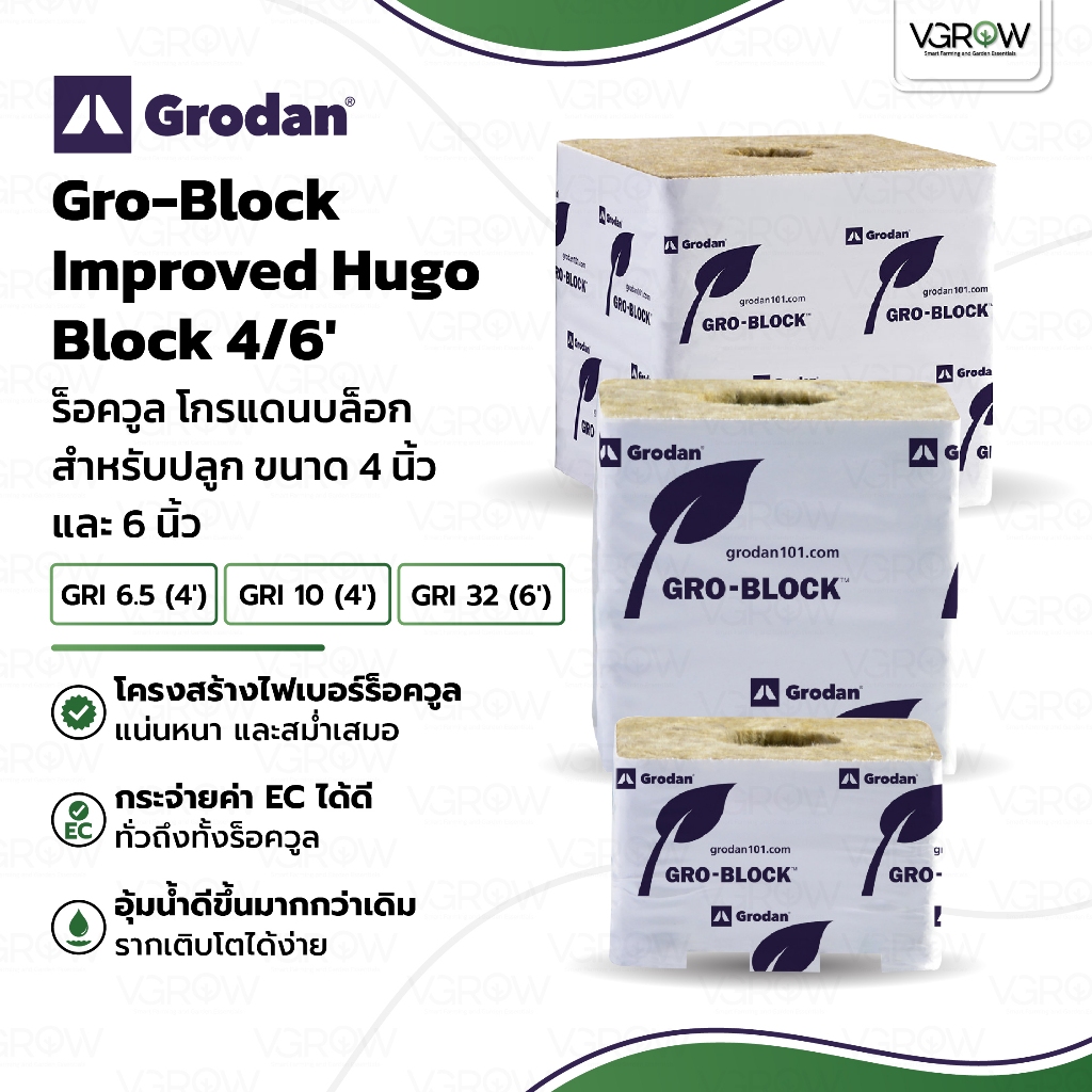 Grodan Improved Hugo Block 4/6' Rockwool ร็อควูล โกรแดน อิมพรูฟ ขนาด 4/6 นิ้ว โกรแดนใยหินจตุรัส