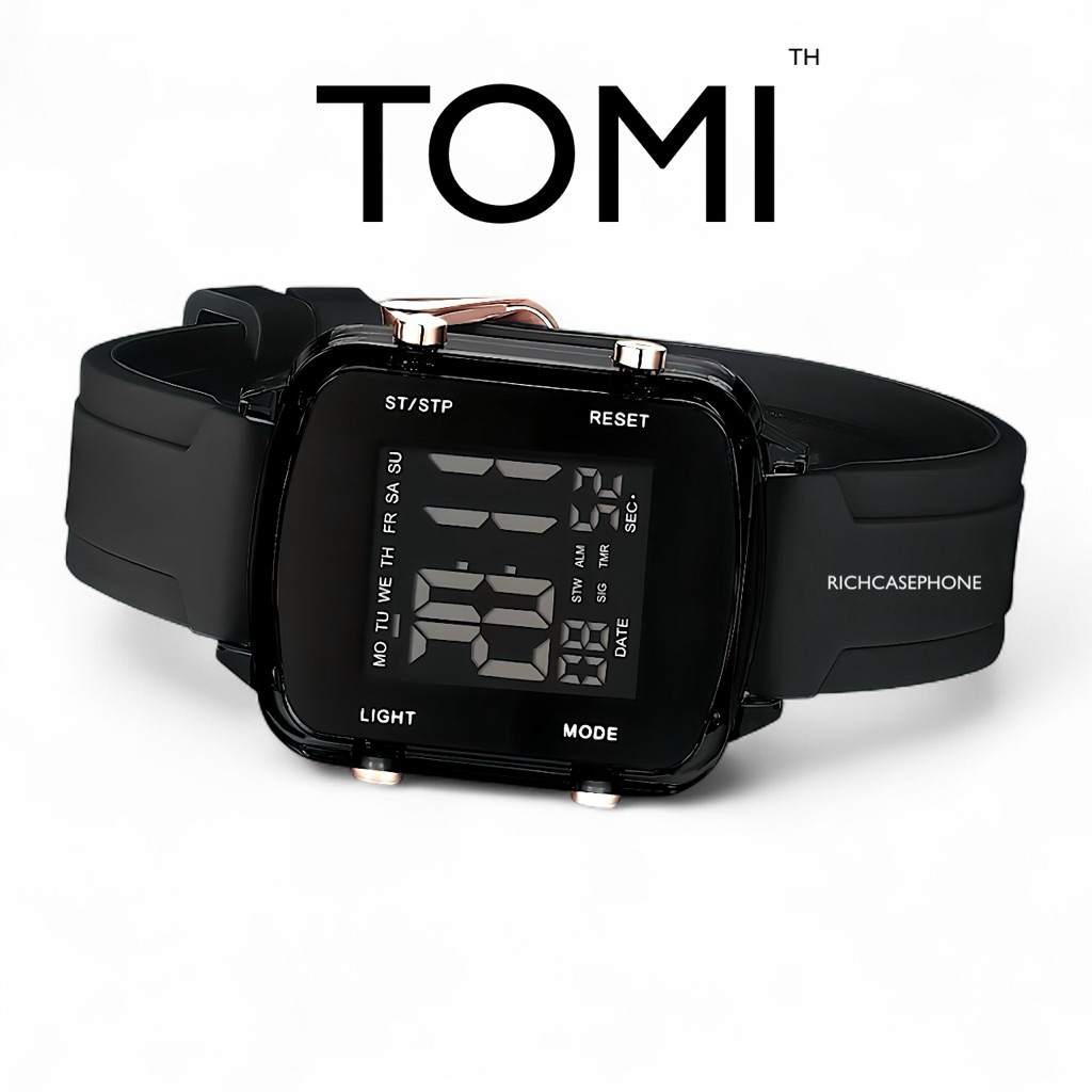 นาฬิกา TOMI - โทมิ แท้ รหัส TM5 กันน้ำ 100% ไฟ LED เต็มจอ หน้าปัดเหลี่ยม 30 MM. สายซิลิโคนเรซิ่น มีหลายสี