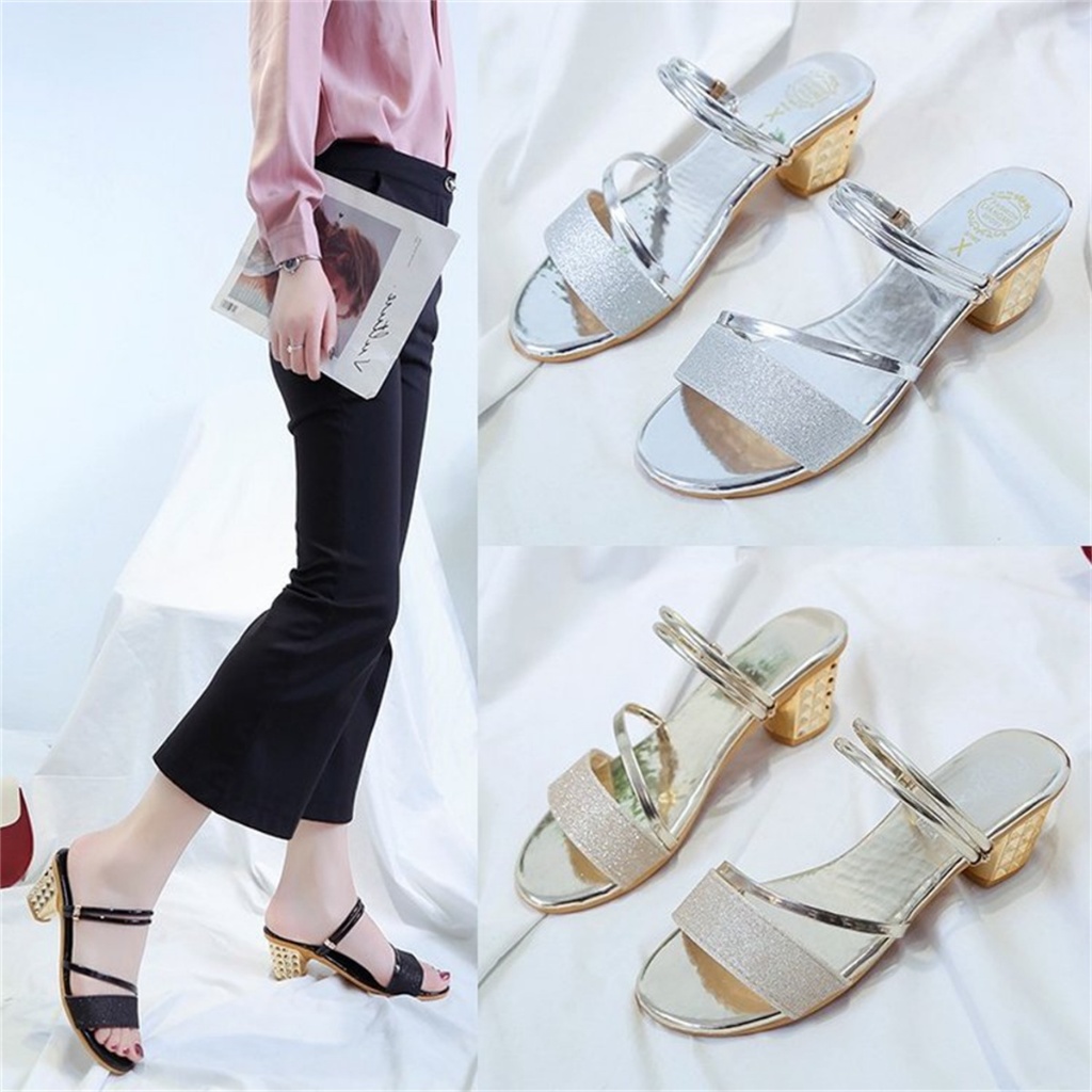 ขนาด 36-41 รองเท้าแตะสำหรับผู้หญิง หยาบส้นส้นเท้าเปิดส้นเท้ากลางเดียวรองเท้าสองใส่รองเท้าแตะ