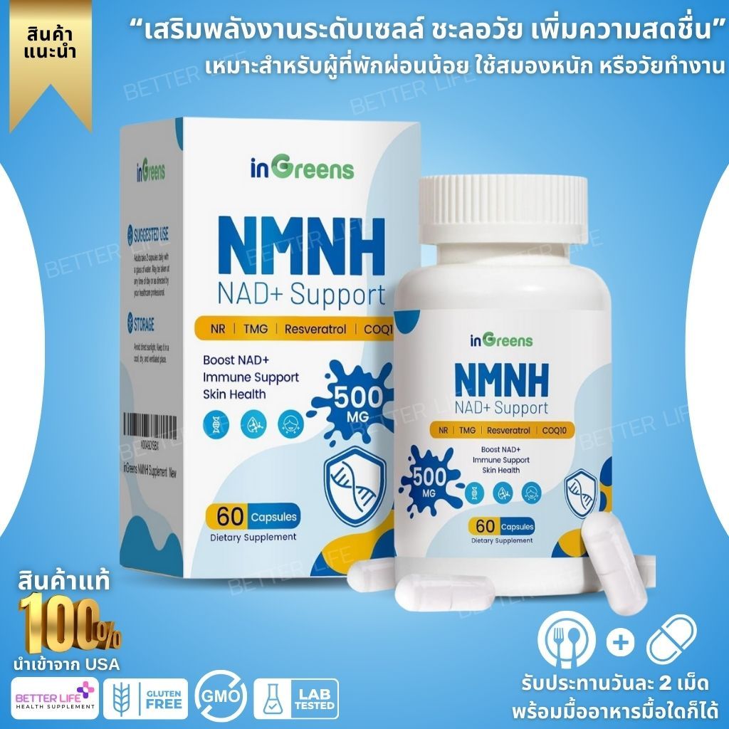 NMNH NAD+ Support 500mg 60 แคปซูล เสริมพลังงานระดับเซลล์ ชะลอวัย เพิ่มความสดชื่น (No.3927)