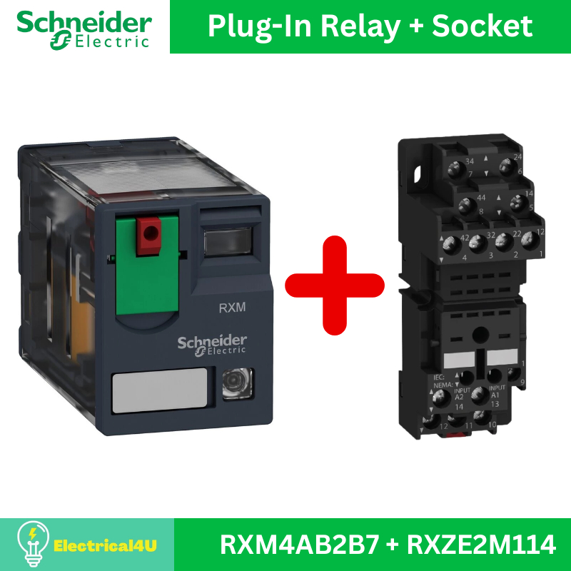 Schneider Electric RXM4AB2B7 + RXZE2M114 ชุดรีเลย์พร้อมฐานเสียบ 4 คอนแทค 6A 24V AC