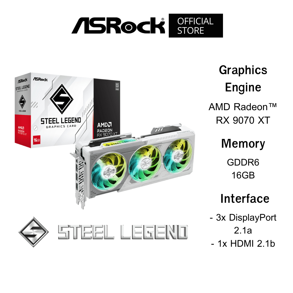 ASROCK AMD Radeon™ RX 9070 XT Steel Legend 16GB VGA Card (การ์ดจอ) GDDR6 on 256-Bit Memory Bus