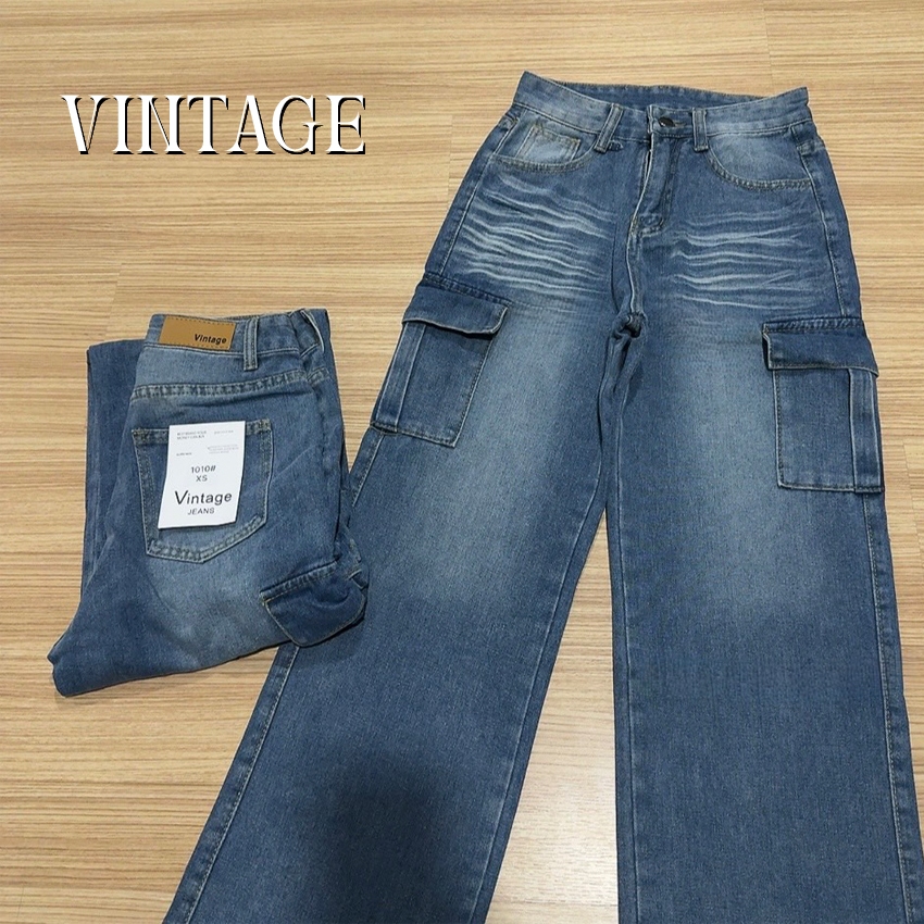 Vintage รุ่น #1010 กางเกงยีนส์ คาร์โก้ ทรงกระบอก แต่งเฟดขา ทรงสวยผ้าไม่ยืด กระเป๋าตรง 2 ใบ ราคา ถูกที่สุด ดีลบีเคเค แกลเลอรีภาพที่ 4