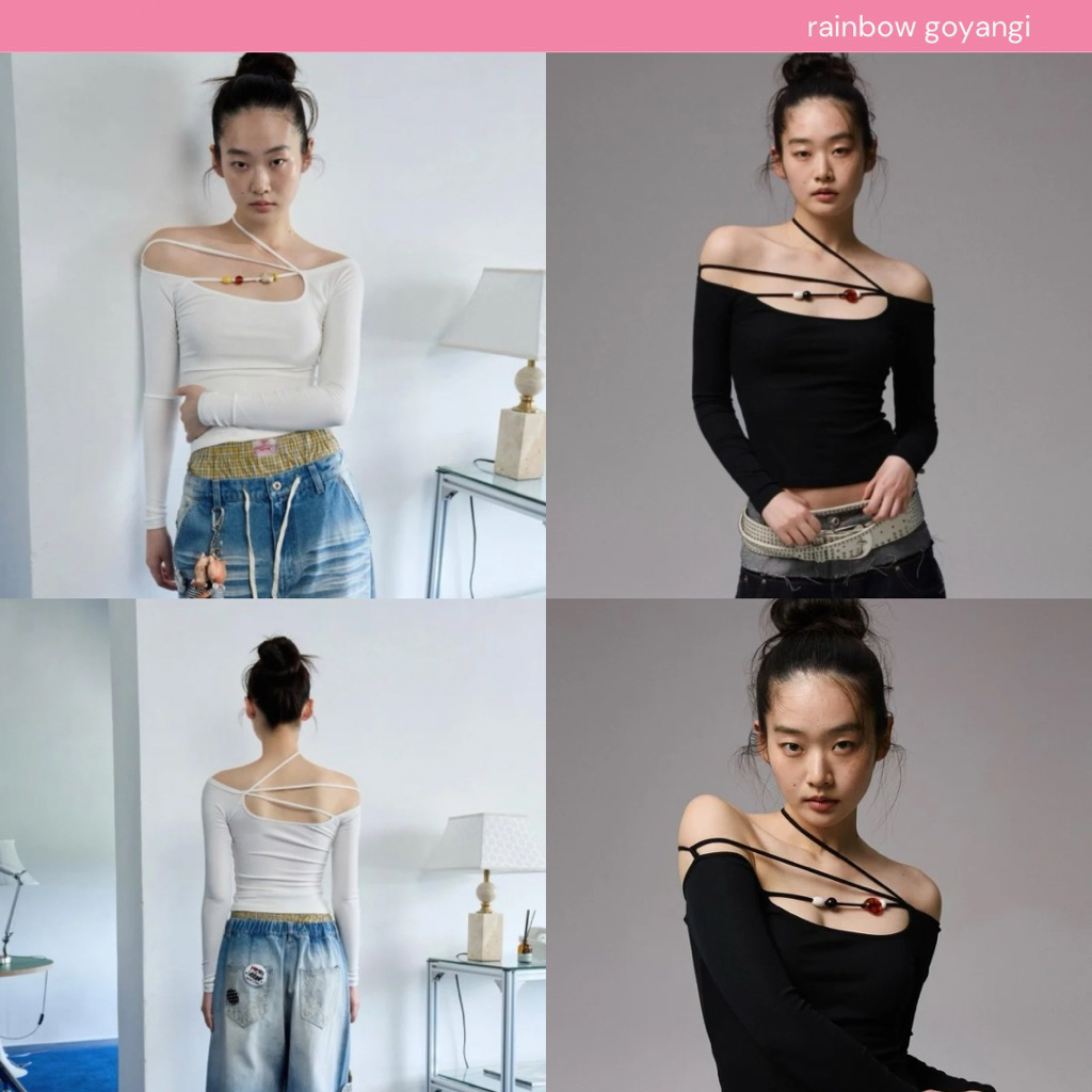 1JINN STUDIO Off Shoulder Beaded Strap Long Sleeve Tee 🐈‍⬛🥨