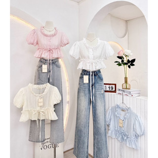 NN733 เสื้อครอบคอระบายแขนตุ๊กตาลายจุด ปรับรูดเอว Peekanong🌷