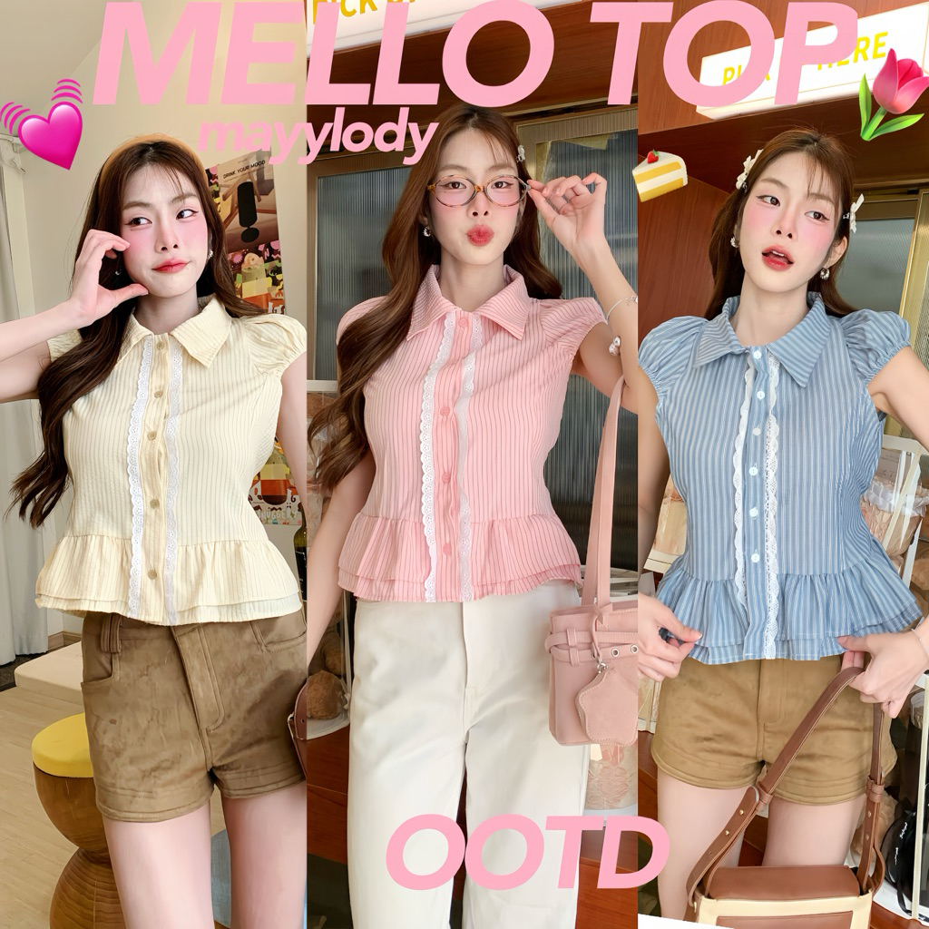 💓mayylody💓MELLO TOP เสื้อเชิ้ต เสื้อคอปก แขนกุด เเต่งระบายลูกไม้ ลายสก็อตสุดฮิต สไตล์เกาหลี 🌷🪞🛍️🌸 เชิ้ต เสื้อลายสก็อต
