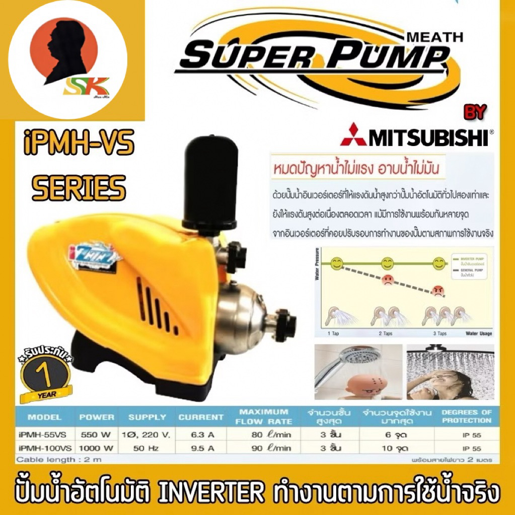 ปั้มอัตโนมัติ Inverter มีกำลัง 500w - 1000w ขนาด 1นิ้ว ยี่ห้อ SUPER PUMP BY MITSUBISHI รุ่น iPMH-VS
