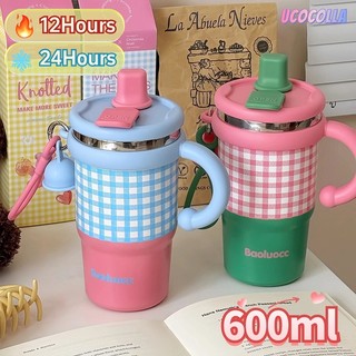 Ucocolla （COD）กระติกน้ําร้อน พร้อมหลอด ลายสก็อต แบบใหม่มีที่จับ แก้วกาแฟ แก้วเก็บความเย็น 600ml