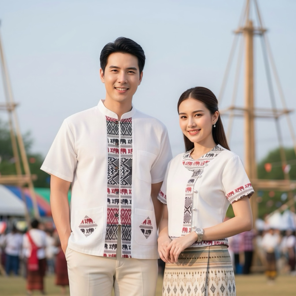 เสื้อพื้นเมืองคู่ ชาย/หญิง แถบลายช้าง แขนสั้น