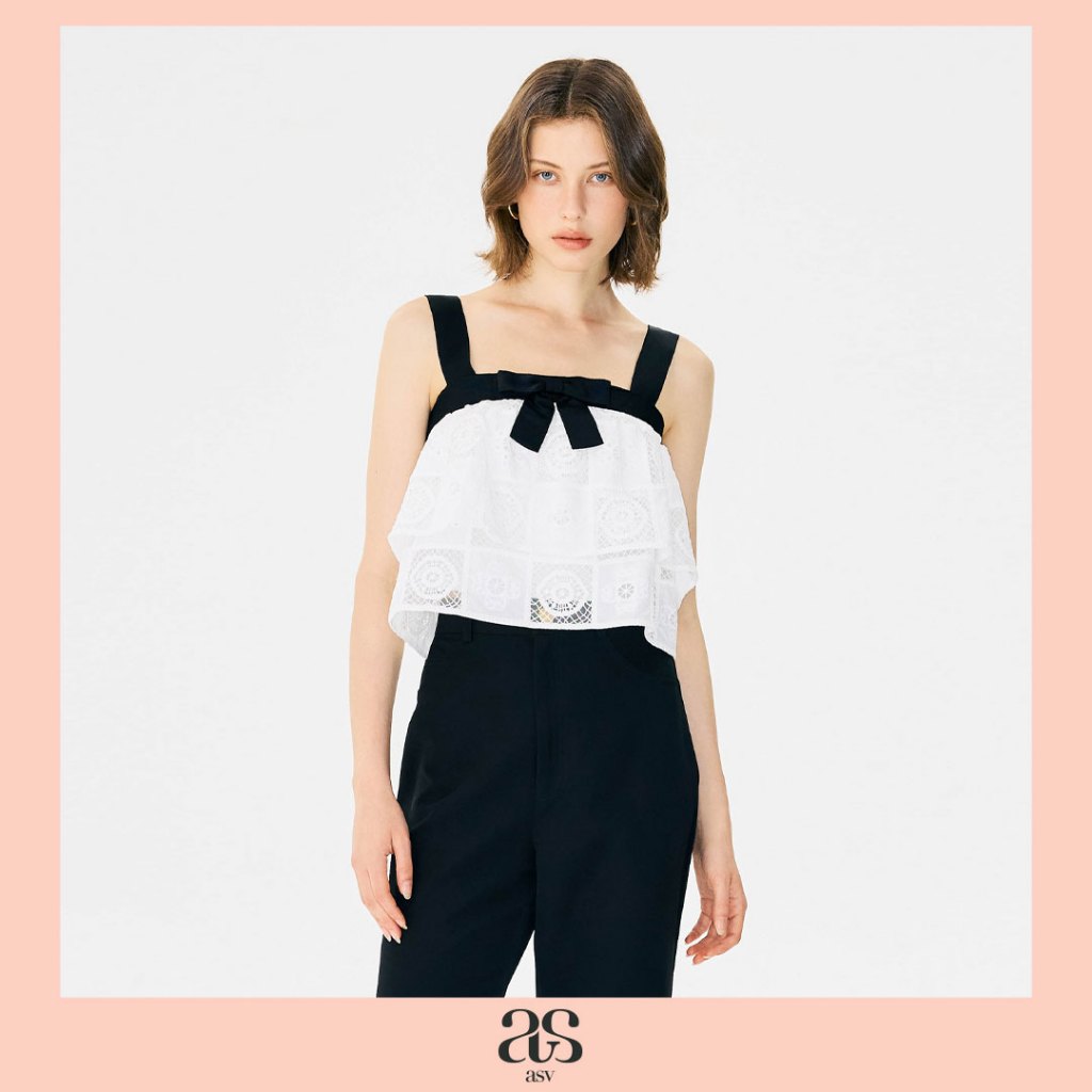 [asv aw25] Jane Strappy Blouse เสื้อผู้หญิง สายเดี่ยว แต่งระบาย 2 ชิ้น แต่งโบว์ปิเกต์ ซิปหลัง ผ้าคอตตอนทอลายโครเชต์