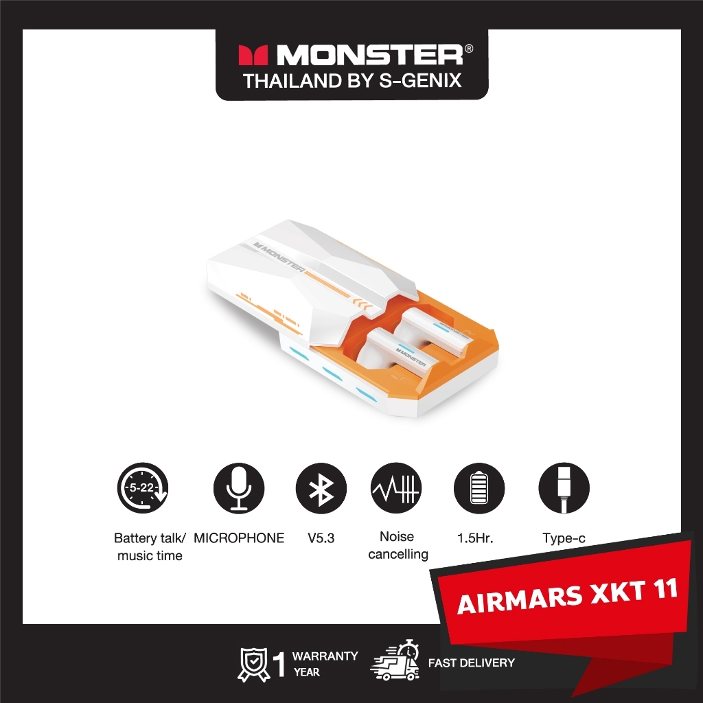 【MONSTER】หูฟังบลูทูธไร้สาย รุ่น XKT11 - สีขาว - รับประกัน 1 ปี < หูฟังไมค์ชัด , หูฟังเบสแน่น >
