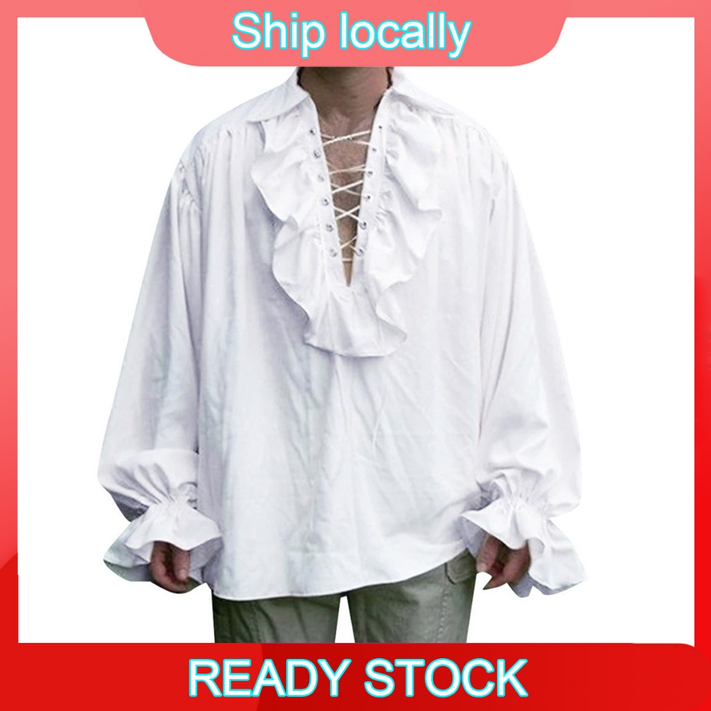 Men Pirate Shirt Vampire Prince Poet Shirts Medieval Buccaneer Frills Lace Up Renaissance Vintage Gothic Blouse Tops