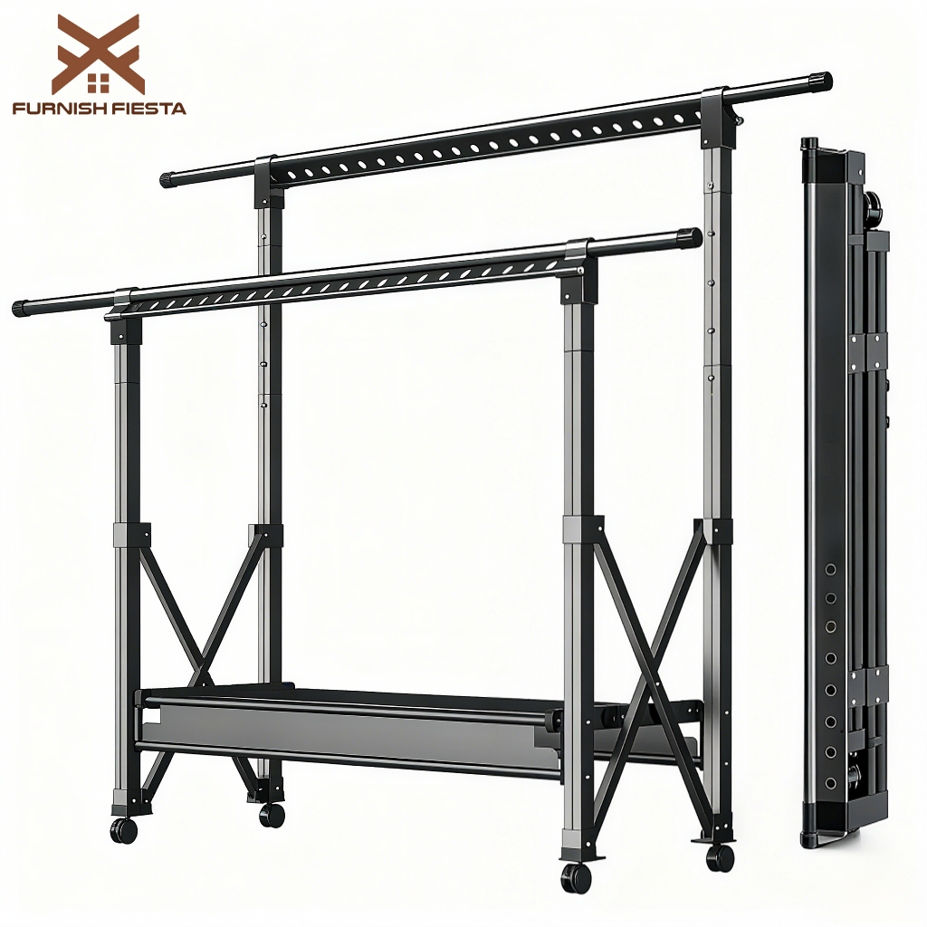 FurnishFiesta ราวตากผ้า ราวตากผ้าอลูมิเนียมอัลลอยด์ ราวตากผ้าอลูมิเนียม ราวตากผ้าแบบ 2 เสา พับได้ ปรับขนาดได้ มีล้อ