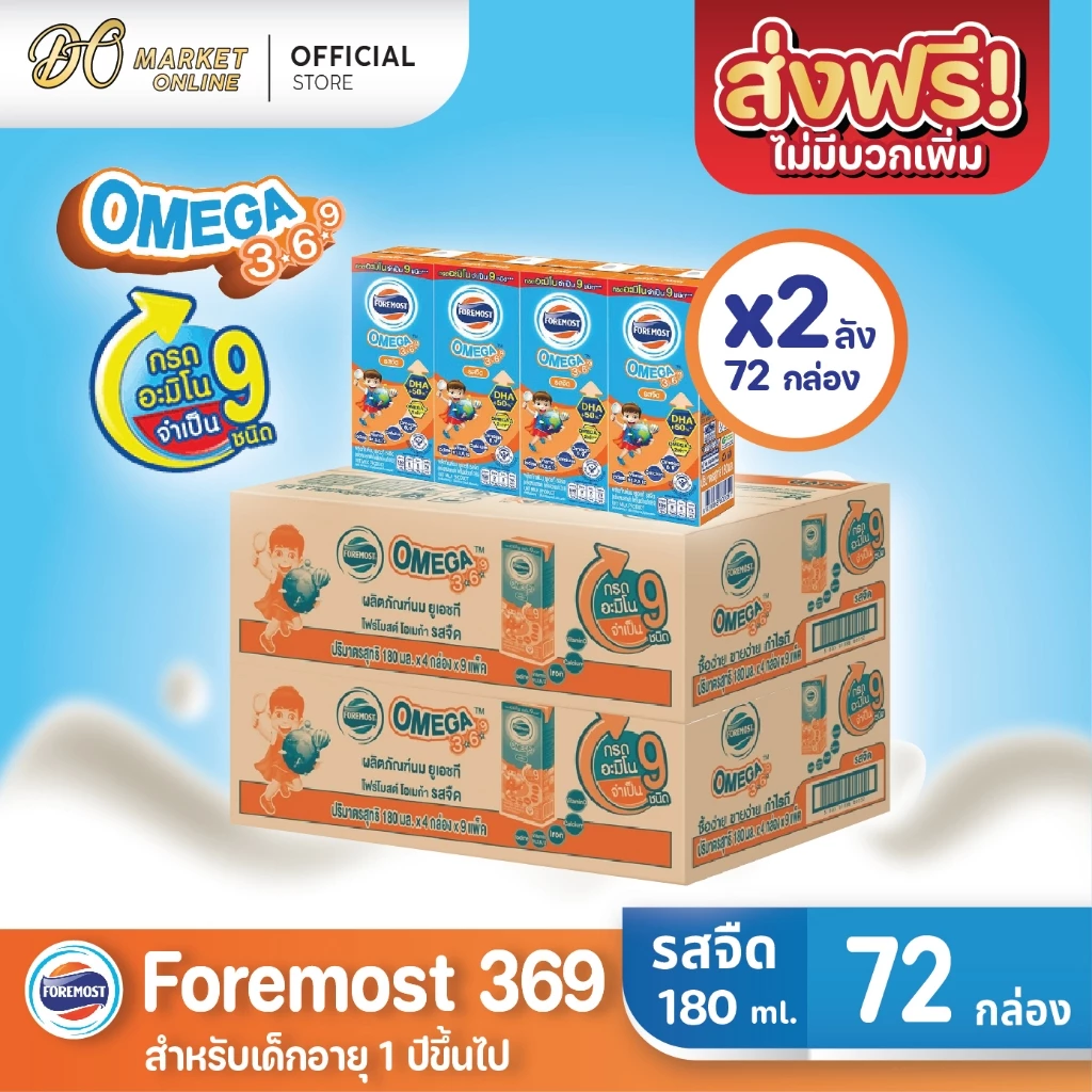 ( X2 ลัง)โฟร์โมสต์ โอเมก้า 369 รสจืด นมกล่องยูเอชที FOREMOST OMEGA369 ขนาด 180มล. ยกลัง 2ลัง รวม 72กล่อ